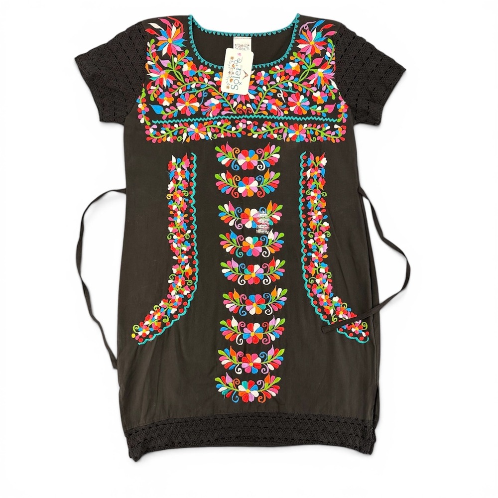 Solei Boutique Floral Embroidered Mexican Dress Women's Large Black Brand New